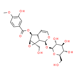 ChemSpider 2D Image | (1aS,1bS,2S,5aR,6S,6aS)-2-(beta-D-Glucopyranosyloxy)-1a-(hydroxymethyl)-1a,1b,2,5a,6,6a-hexahydrooxireno[4,5]cyclopenta[1,2-c]pyran-6-yl 3-hydroxy-4-methoxybenzoate | C23H28O13