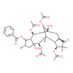 ChemSpider 2D Image | (1S,2R,3R,4S,5S,7R,8R,9S,10S,11S,14R)-2,8,11,16-Tetraacetoxy-1,7-dihydroxy-5,9,12,12-tetramethyl-13-oxotetracyclo[7.6.1.0~3,7~.0~10,14~]hexadec-4-yl benzoate | C35H44O13