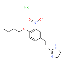 ChemSpider 2D Image | 2-[(4-Butoxy-3-nitrobenzyl)sulfanyl]-4,5-dihydro-1H-imidazole hydrochloride (1:1) | C14H20ClN3O3S