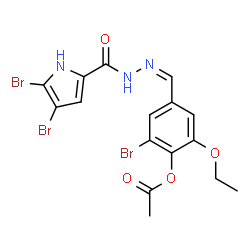 ChemSpider 2D Image | 2-Bromo-4-[(Z)-{[(4,5-dibromo-1H-pyrrol-2-yl)carbonyl]hydrazono}methyl]-6-ethoxyphenyl acetate | C16H14Br3N3O4