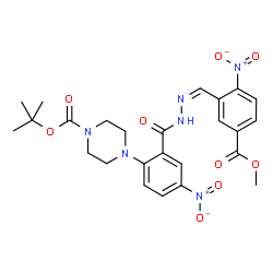 ChemSpider 2D Image | 2-Methyl-2-propanyl 4-[2-({(2Z)-2-[5-(methoxycarbonyl)-2-nitrobenzylidene]hydrazino}carbonyl)-4-nitrophenyl]-1-piperazinecarboxylate | C25H28N6O9