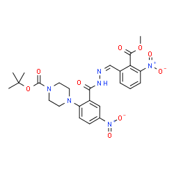 ChemSpider 2D Image | 2-Methyl-2-propanyl 4-[2-({(2Z)-2-[2-(methoxycarbonyl)-3-nitrobenzylidene]hydrazino}carbonyl)-4-nitrophenyl]-1-piperazinecarboxylate | C25H28N6O9