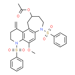 ChemSpider 2D Image | 5-Methoxy-1-methylene-4,7-bis(phenylsulfonyl)-2,3,4,7,8,9,10,11-octahydro-1H-azepino[3,2-f]quinolin-10-yl acetate | C29H30N2O7S2