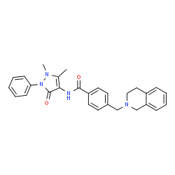 ChemSpider 2D Image | 4-(3,4-Dihydro-2(1H)-isoquinolinylmethyl)-N-(1,5-dimethyl-3-oxo-2-phenyl-2,3-dihydro-1H-pyrazol-4-yl)benzamide | C28H28N4O2