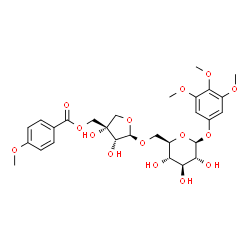 ChemSpider 2D Image | 3,4,5-Trimethoxyphenyl 6-O-[(2R,3R,4S)-3,4-dihydroxy-4-{[(4-methoxybenzoyl)oxy]methyl}tetrahydro-2-furanyl]-beta-D-glucopyranoside | C28H36O15