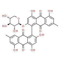 ChemSpider 2D Image | 2',4,4',5,5'-Pentahydroxy-7,7'-dimethyl-9,9',10,10'-tetraoxo-9,9',10,10'-tetrahydro-1,1'-bianthracen-2-yl beta-D-xylopyranoside | C35H26O14