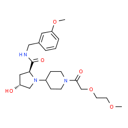 ChemSpider 2D Image | (4R)-4-Hydroxy-N-(3-methoxybenzyl)-1-{1-[(2-methoxyethoxy)acetyl]-4-piperidinyl}-L-prolinamide | C23H35N3O6