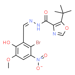 ChemSpider 2D Image | N'-[(Z)-(2-Bromo-6-hydroxy-5-methoxy-3-nitrophenyl)methylene]-5-(2-methyl-2-propanyl)-1,3-oxazole-4-carbohydrazide | C16H17BrN4O6