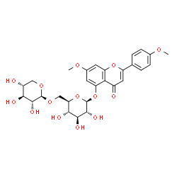 ChemSpider 2D Image | 7-Methoxy-2-(4-methoxyphenyl)-4-oxo-4H-chromen-5-yl 6-O-beta-D-xylopyranosyl-beta-D-glucopyranoside | C28H32O14