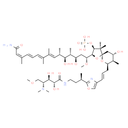 ChemSpider 2D Image | (2S,3S,5R,7R,8R,9S)-2-[(1R,3R,4R,5S,6S,7E,9E,11E,13Z)-15-Amino-3,5-dihydroxy-1-methoxy-4,6,8,9,13-pentamethyl-15-oxo-7,9,11,13-pentadecatetraen-1-yl]-7-[(2E)-3-{2-[(2R)-4-{[(2R,3R,4R)-4-(dimethylamino
)-2,3-dihydroxy-5-methoxypentanoyl]amino}-2-butanyl]-1,3-oxazol-4-yl}-2-propen-1-yl]-9-hydroxy-4,4,8-trimethyl-1,6-dioxaspiro[4.5]dec-3-yl dihydrogen phosphate | C50H83N4O16P