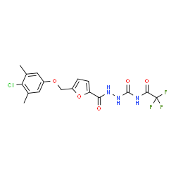 ChemSpider 2D Image | 2-{5-[(4-Chloro-3,5-dimethylphenoxy)methyl]-2-furoyl}-N-(trifluoroacetyl)hydrazinecarboxamide | C17H15ClF3N3O5