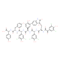 ChemSpider 2D Image | (2R)-({[(17R,20R,23R,26R,29S)-20,26-Bis(3,5-dichloro-4-hydroxyphenyl)-17-{[(3,5-dichloro-4-hydroxyphenyl)(oxo)acetyl]amino}-15,37-dihydroxy-28-methyl-14,18,21,24,27-pentaoxo-2-oxa-13,19,22,25,28-penta
azahexacyclo[29.2.2.1~3,7~.1~8,12~.0~5,23~.0~11,15~]heptatriaconta-1(33),3(37),4,6,8(36),9,11,31,34-nonaen-29-yl]carbonyl}amino)(4-hydroxyphenyl)acetic acid | C61H45Cl6N7O17