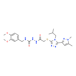 ChemSpider 2D Image | N-(3,4-Dimethoxybenzyl)-2-({[5-(1,5-dimethyl-1H-pyrazol-3-yl)-4-isobutyl-4H-1,2,4-triazol-3-yl]sulfanyl}acetyl)hydrazinecarboxamide | C23H32N8O4S