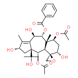 ChemSpider 2D Image | (2S,3aS,4S,4aR,5R,6S,8S,8aS,9R,10R)-4,8-Diacetoxy-2,6,10-trihydroxy-3a-(2-hydroxy-2-propanyl)-1,8a-dimethyl-3,3a,4,4a,6,7,8,8a,9,10-decahydro-2H-spiro[benzo[f]azulene-5,2'-oxiran]-9-yl benzoate | C31H40O11