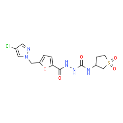 ChemSpider 2D Image | 2-{5-[(4-Chloro-1H-pyrazol-1-yl)methyl]-2-furoyl}-N-(1,1-dioxidotetrahydro-3-thiophenyl)hydrazinecarboxamide | C14H16ClN5O5S