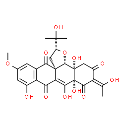 ChemSpider 2D Image | (2R,3aR,10aR,12E,14aS,14bS)-8,10,10a,14a-Tetrahydroxy-12-(1-hydroxyethylidene)-2-(2-hydroxy-2-propanyl)-6-methoxy-2,3,14a,14b-tetrahydro-4H-tetraceno[6,5a-b]furan-4,9,11,13(10aH,12H,14H)-tetrone | C26H26O12