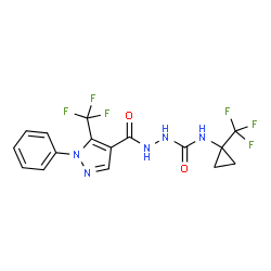 ChemSpider 2D Image | 2-{[1-Phenyl-5-(trifluoromethyl)-1H-pyrazol-4-yl]carbonyl}-N-[1-(trifluoromethyl)cyclopropyl]hydrazinecarboxamide | C16H13F6N5O2