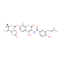 ChemSpider 2D Image | N-(7-{[6-Deoxy-5-methyl-4-O-methyl-2,3-O-(oxomethylene)-beta-D-gulopyranosyl]oxy}-4-hydroxy-8-methyl-2-oxo-2H-chromen-3-yl)-4-hydroxy-3-(3-methyl-2-buten-1-yl)benzamide | C31H33NO11