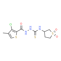 ChemSpider 2D Image | 2-[(3-Chloro-4-methyl-2-thienyl)carbonyl]-N-(1,1-dioxidotetrahydro-3-thiophenyl)hydrazinecarbothioamide | C11H14ClN3O3S3
