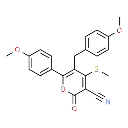 ChemSpider 2D Image | 5-(4-Methoxybenzyl)-6-(4-methoxyphenyl)-4-(methylsulfanyl)-2-oxo-2H-pyran-3-carbonitrile | C22H19NO4S
