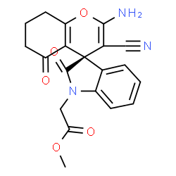 ChemSpider 2D Image | Methyl [(4R)-2-amino-3-cyano-2',5-dioxo-5,6,7,8-tetrahydrospiro[chromene-4,3'-indol]-1'(2'H)-yl]acetate | C20H17N3O5