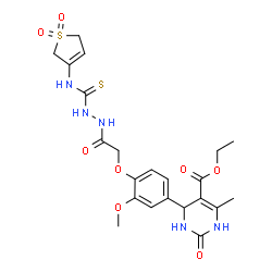 ChemSpider 2D Image | Ethyl 4-[4-(2-{2-[(1,1-dioxido-2,5-dihydro-3-thiophenyl)carbamothioyl]hydrazino}-2-oxoethoxy)-3-methoxyphenyl]-6-methyl-2-oxo-1,2,3,4-tetrahydro-5-pyrimidinecarboxylate | C22H27N5O8S2