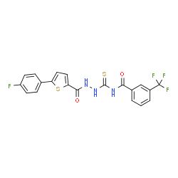 ChemSpider 2D Image | N-[(2-{[5-(4-Fluorophenyl)-2-thienyl]carbonyl}hydrazino)carbonothioyl]-3-(trifluoromethyl)benzamide | C20H13F4N3O2S2