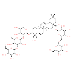 ChemSpider 2D Image | 6-O-beta-D-Glucopyranosyl-1-O-[(3beta)-3-{[beta-D-glucopyranosyl-(1->3)-6-deoxy-alpha-L-mannopyranosyl-(1->2)-alpha-L-arabinopyranosyl]oxy}-23-hydroxy-28-oxoolean-12-en-28-yl]-beta-D-glucopyranose | C59H96O27