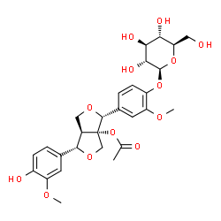 ChemSpider 2D Image | (1S,3aS,4R,6aR)-4-[4-(beta-D-Glucopyranosyloxy)-3-methoxyphenyl]-1-(4-hydroxy-3-methoxyphenyl)dihydro-1H,3H-furo[3,4-c]furan-3a(4H)-yl acetate | C28H34O13