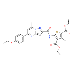 ChemSpider 2D Image | Diethyl 5-({[5-(4-ethoxyphenyl)-7-methylpyrazolo[1,5-a]pyrimidin-2-yl]carbonyl}amino)-3-methyl-2,4-thiophenedicarboxylate | C27H28N4O6S