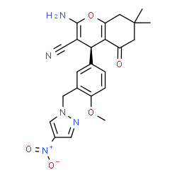 ChemSpider 2D Image | (4S)-2-Amino-4-{4-methoxy-3-[(4-nitro-1H-pyrazol-1-yl)methyl]phenyl}-7,7-dimethyl-5-oxo-5,6,7,8-tetrahydro-4H-chromene-3-carbonitrile | C23H23N5O5