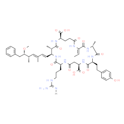 ChemSpider 2D Image | (2Z,5R,8S,11R,15S,18S,19S,22R)-15-{3-[(Diaminomethylene)amino]propyl}-2-ethylidene-8-[2-(4-hydroxyphenyl)ethyl]-18-[(1E,3E,5S,6S)-6-methoxy-3,5-dimethyl-7-phenyl-1,3-heptadien-1-yl]-5,19-dimethyl-3,6,
9,13,16,20,25-heptaoxo-1,4,7,10,14,17,21-heptaazacyclopentacosane-11,22-dicarboxylic acid | C52H72N10O13