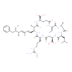 ChemSpider 2D Image | (2Z,5R,8S,11R,15S,18S,19S,22R)-15-{3-[(Diaminomethylene)amino]propyl}-2-ethylidene-8-isobutyl-18-[(1E,3E,5S,6S)-6-methoxy-3,5-dimethyl-7-phenyl-1,3-heptadien-1-yl]-5,19-dimethyl-3,6,9,13,16,20,25-hept
aoxo-1,4,7,10,14,17,21-heptaazacyclopentacosane-11,22-dicarboxylic acid | C48H72N10O12