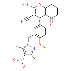 ChemSpider 2D Image | (4R)-2-Amino-4-{3-[(3,5-dimethyl-4-nitro-1H-pyrazol-1-yl)methyl]-4-methoxyphenyl}-5-oxo-5,6,7,8-tetrahydro-4H-chromene-3-carbonitrile | C23H23N5O5