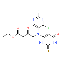 ChemSpider 2D Image | Ethyl 4-[(2,4-dichloro-5-pyrimidinyl)(6-oxo-2-thioxo-1,2,3,6-tetrahydro-4-pyrimidinyl)amino]-3-oxobutanoate | C14H13Cl2N5O4S