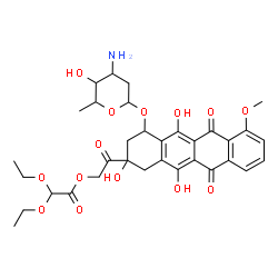 ChemSpider 2D Image | 2-{4-[(3-Amino-2,3,6-trideoxyhexopyranosyl)oxy]-2,5,12-trihydroxy-7-methoxy-6,11-dioxo-1,2,3,4,6,11-hexahydro-2-tetracenyl}-2-oxoethyl diethoxyacetate | C33H39NO14
