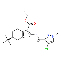 ChemSpider 2D Image | Ethyl (6S)-2-{[(4-chloro-1-methyl-1H-pyrazol-3-yl)carbonyl]amino}-6-(2-methyl-2-propanyl)-4,5,6,7-tetrahydro-1-benzothiophene-3-carboxylate | C20H26ClN3O3S