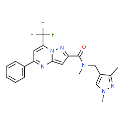 ChemSpider 2D Image | N-[(1,3-Dimethyl-1H-pyrazol-4-yl)methyl]-N-methyl-5-phenyl-7-(trifluoromethyl)pyrazolo[1,5-a]pyrimidine-2-carboxamide | C21H19F3N6O