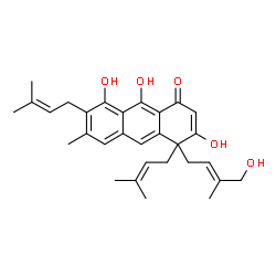 ChemSpider 2D Image | 3,8,9-Trihydroxy-4-[(2E)-4-hydroxy-3-methyl-2-buten-1-yl]-6-methyl-4,7-bis(3-methyl-2-buten-1-yl)-1(4H)-anthracenone | C30H36O5