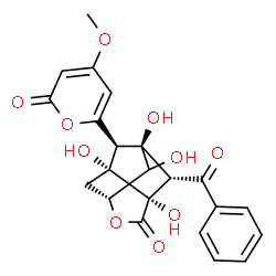 ChemSpider 2D Image | (1S,2S,3S,6R,8R,9S)-2-Benzoyl-1,3,8,10-tetrahydroxy-9-(4-methoxy-2-oxo-2H-pyran-6-yl)-5-oxatricyclo[4.3.1.0~3,8~]decan-4-one | C22H20O10