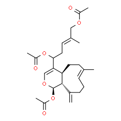 ChemSpider 2D Image | (2E)-5-[(1R,4aS,7E,11aR)-1-Acetoxy-7-methyl-11-methylene-1,4a,5,6,9,10,11,11a-octahydrocyclonona[c]pyran-4-yl]-2-methyl-2-pentene-1,5-diyl diacetate | C26H36O7