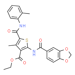 ChemSpider 2D Image | Ethyl 2-[(1,3-benzodioxol-5-ylcarbonyl)amino]-4-methyl-5-[(2-methylphenyl)carbamoyl]-3-thiophenecarboxylate | C24H22N2O6S