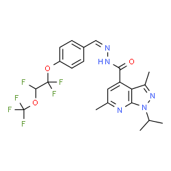 ChemSpider 2D Image | 1-Isopropyl-3,6-dimethyl-N'-[(Z)-{4-[1,1,2-trifluoro-2-(trifluoromethoxy)ethoxy]phenyl}methylene]-1H-pyrazolo[3,4-b]pyridine-4-carbohydrazide | C22H21F6N5O3