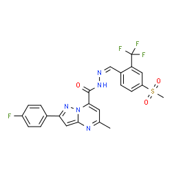 ChemSpider 2D Image | 2-(4-Fluorophenyl)-5-methyl-N'-{(Z)-[4-(methylsulfonyl)-2-(trifluoromethyl)phenyl]methylene}pyrazolo[1,5-a]pyrimidine-7-carbohydrazide | C23H17F4N5O3S