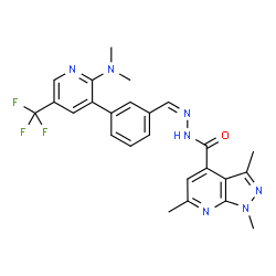 ChemSpider 2D Image | N'-[(Z)-{3-[2-(Dimethylamino)-5-(trifluoromethyl)-3-pyridinyl]phenyl}methylene]-1,3,6-trimethyl-1H-pyrazolo[3,4-b]pyridine-4-carbohydrazide | C25H24F3N7O
