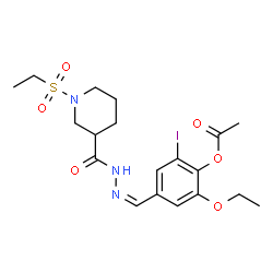 ChemSpider 2D Image | 2-Ethoxy-4-[(Z)-({[1-(ethylsulfonyl)-3-piperidinyl]carbonyl}hydrazono)methyl]-6-iodophenyl acetate | C19H26IN3O6S