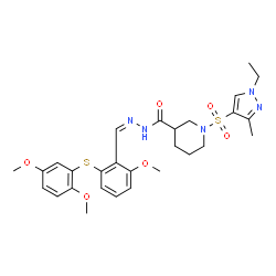 ChemSpider 2D Image | N'-[(Z)-{2-[(2,5-Dimethoxyphenyl)sulfanyl]-6-methoxyphenyl}methylene]-1-[(1-ethyl-3-methyl-1H-pyrazol-4-yl)sulfonyl]-3-piperidinecarbohydrazide | C28H35N5O6S2