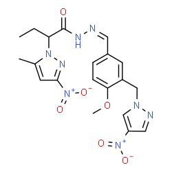 ChemSpider 2D Image | N'-[(Z)-{4-Methoxy-3-[(4-nitro-1H-pyrazol-1-yl)methyl]phenyl}methylene]-2-(5-methyl-3-nitro-1H-pyrazol-1-yl)butanehydrazide | C20H22N8O6