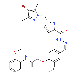 ChemSpider 2D Image | 2-(4-{(Z)-[({1-[(4-Bromo-3,5-dimethyl-1H-pyrazol-1-yl)methyl]-1H-pyrazol-3-yl}carbonyl)hydrazono]methyl}-2-methoxyphenoxy)-N-(2-methoxyphenyl)acetamide | C27H28BrN7O5