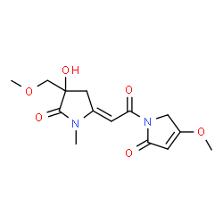 ChemSpider 2D Image | 1-{(2E)-2-[4-Hydroxy-4-(methoxymethyl)-1-methyl-5-oxo-2-pyrrolidinylidene]acetyl}-4-methoxy-1,5-dihydro-2H-pyrrol-2-one | C14H18N2O6